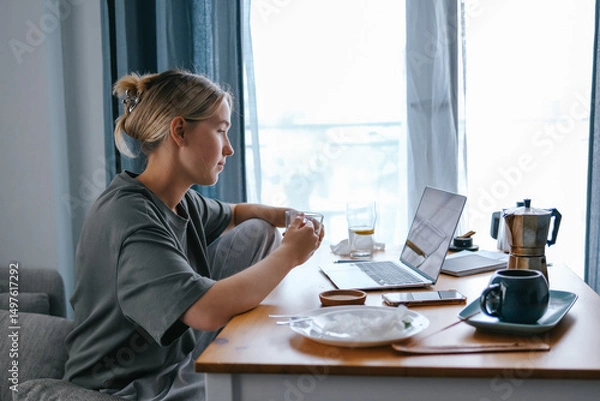 Obraz  Gen Z woman working from home at cozy kitchen table with laptop and phone. Digital nomad lifestyle, mindfulness, remote work, balance, mental calm and modern freelancing