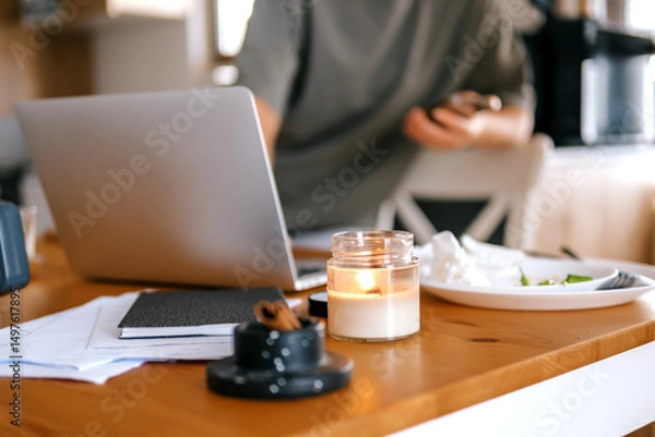 Obraz  Gen Z woman working from home at cozy kitchen table with laptop and phone. Digital nomad lifestyle, mindfulness, remote work, balance, mental calm and modern freelancing