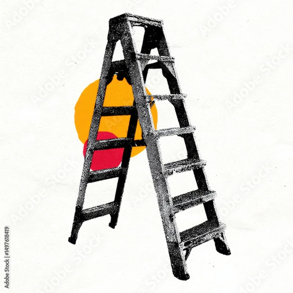 Obraz Ladder with halftone dots and colorful abstract circles in background, artistic design