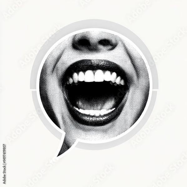 Obraz Open mouth with lips and teeth in halftone dots style inside speech bubble