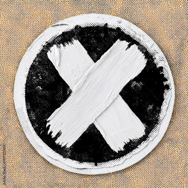 Obraz White painted X symbol on black circle with halftone dots on textured background