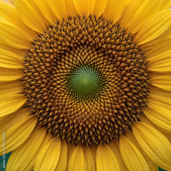 Fototapeta Bright yellow sunflower close up with a bee enjoying the summer bloom in nature's garden field