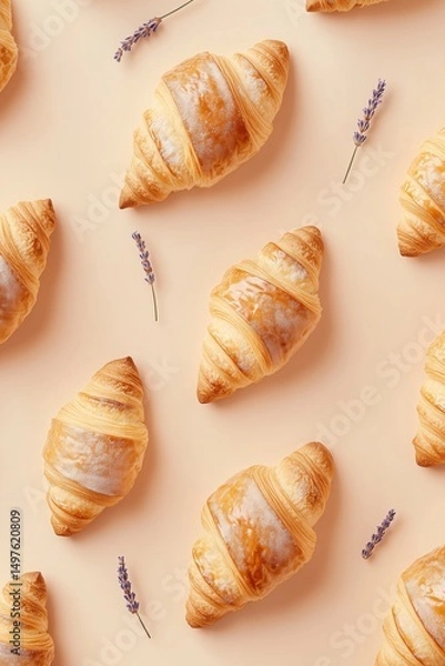 Fototapeta Handmade croissants with lavender sprigs on soft linen surface, top view. Fresh baked pastry