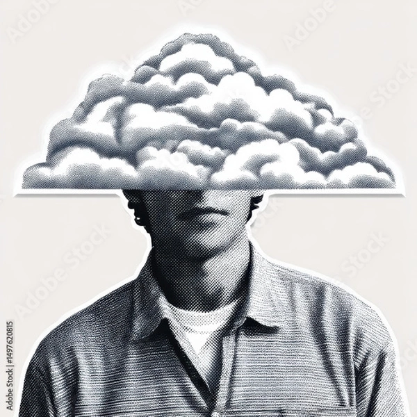 Obraz Person with cloud head surreal art, creative concept with halftone texture and calm expression