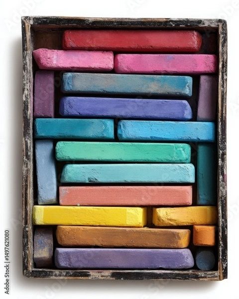 Fototapeta Vibrant pastel chalks arranged in a wooden box, a colorful display of art supplies.