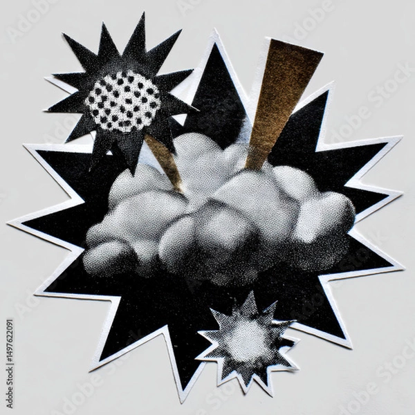 Obraz Black and white halftone explosion sticker with starburst shapes and cloud effect