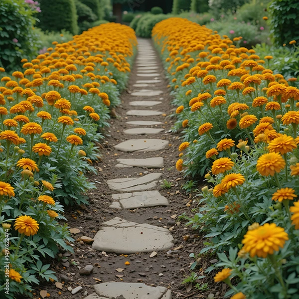 Fototapeta A colorful flower bed in the garden with a stone path leading through spring nature