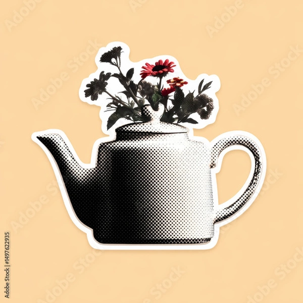 Obraz Vintage teapot with floral pattern in halftone dot style on beige background