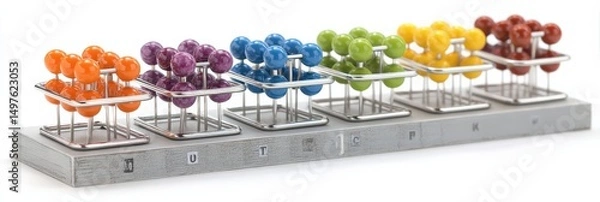 Fototapeta Colorful spheres arranged in a grid pattern on a gray base.  A modern, abstract design.