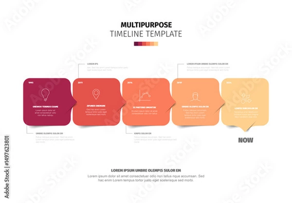 Fototapeta Multipurpose Timeline Template with red rounded square shapes with icons for presenting events and progress