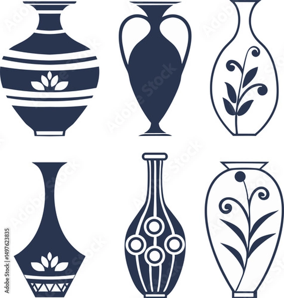 Fototapeta Decorative Vase Designs in Dark Navy and White, set of vases, A set of six stylized vase designs,
