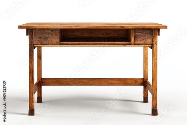 Fototapeta Rustic wooden desk with drawers and shelf. Perfect for a home office or study.