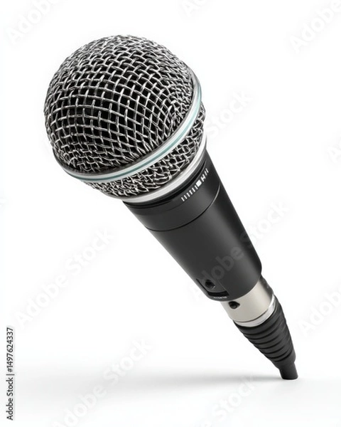 Fototapeta Sleek black microphone on a white background.  Ready for the spotlight!