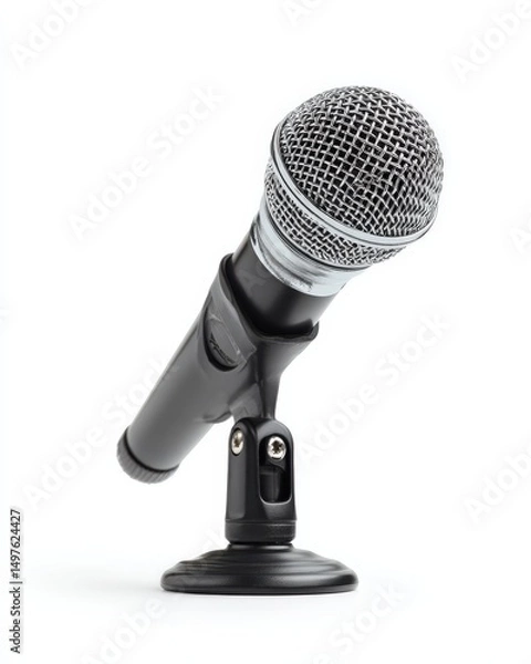 Fototapeta Sleek black microphone on a stand, ready for action.