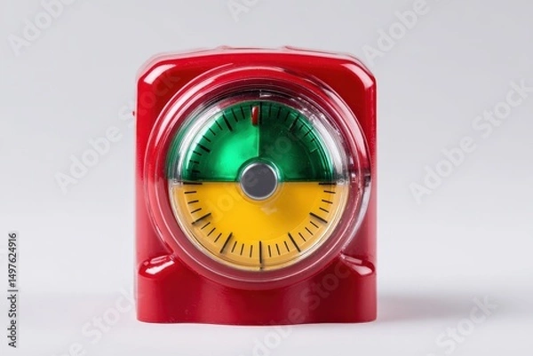 Fototapeta Red kitchen timer with a green and yellow dial. Time management concept.