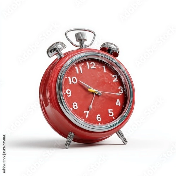 Fototapeta Retro red alarm clock on white background. Time is 7:55.