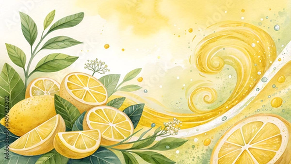 Fototapeta Watercolor lemonade background with citrus slices and vibrant yellow swirls, zesty summer refreshment theme with copy space