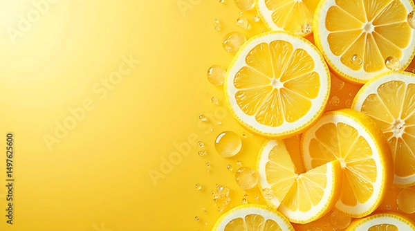 Fototapeta  lemonade background with citrus slices and vibrant yellow swirls, zesty summer refreshment theme with copy space