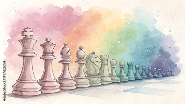 Fototapeta Watercolor pawns background in soft pastel gradient, symbolic unity and teamwork concept with copy space