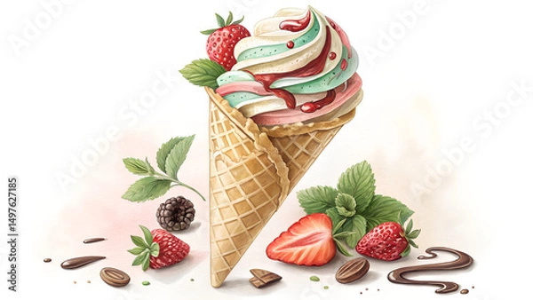 Fototapeta Playful  ice cream background in pink, mint & vanilla swirls – Refreshing summer skincare theme with copy space