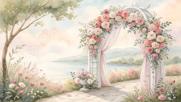 Fototapeta Watercolor wedding arch background with pastel floral adornments, romantic ceremony backdrop with copy space