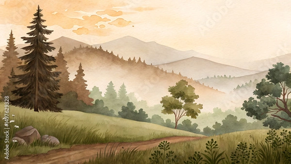Fototapeta Rustic July morning watercolor background in earthy brown and green tones, serene nature awakening scene with copy space
