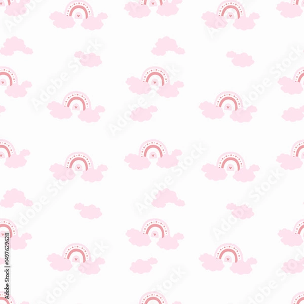 Obraz Rainbow hand drawn in a cute childish style. Rainbow in soft pink tones cute seamless pattern on a white background. Suitable for children's room, covers, banners, wallpapers, cards, wrapping paper