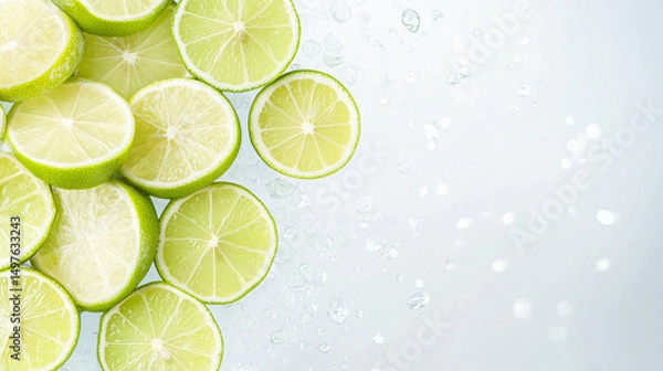 Fototapeta Fresh lime slices with water droplets on a light background