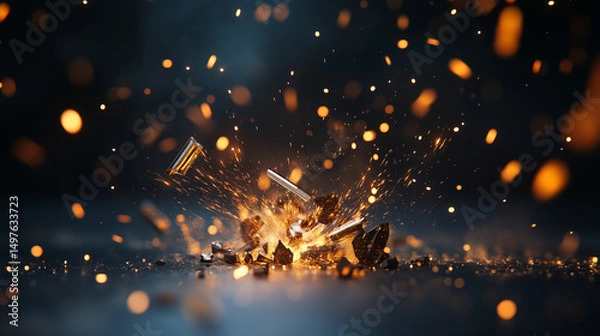 Fototapeta Explosive sparks flying from a shattered surface