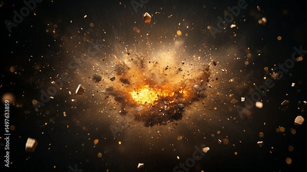 Fototapeta Dramatic explosion with fiery debris and dust clouds