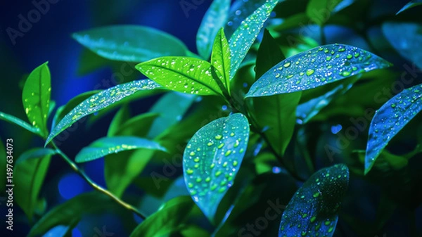 Fototapeta Close-Up of Lush Green Leaves Glowing Under Soft Lighting with Dew Drops for a Calm Vibe (6)