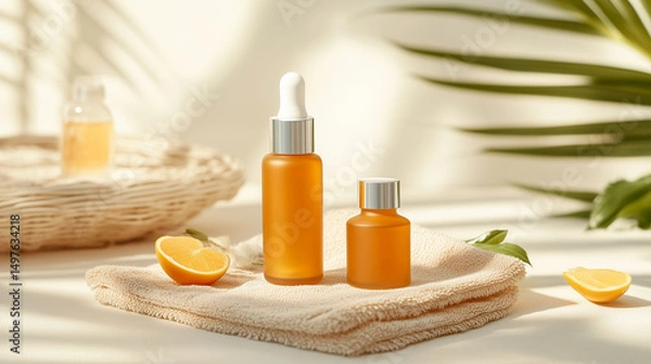 Fototapeta Natural skincare products with citrus accents in a serene setting