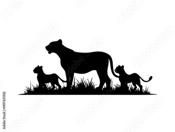 Obraz Lioness with Two Cubs in Grass Silhouettes