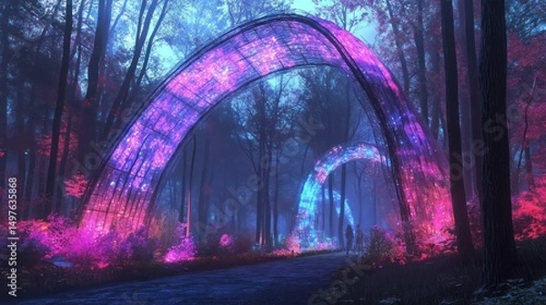 Fototapeta Glowing arches illuminate a path through a mystical, ethereal forest.
