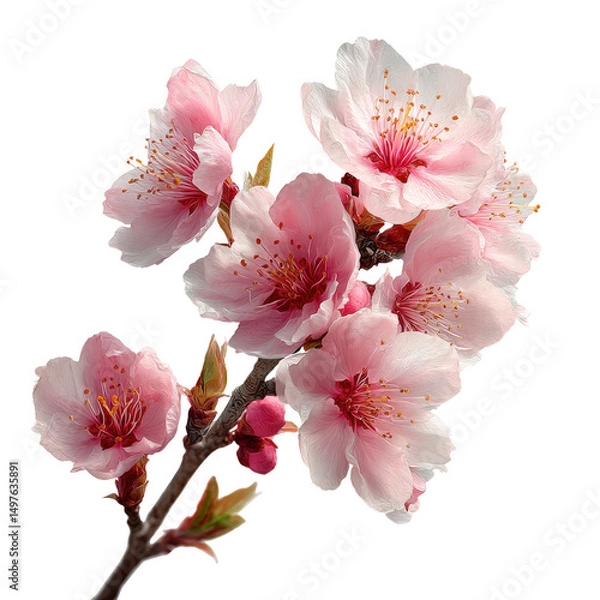 Fototapeta Delicate Cherry Blossom Branch with Soft Pink Flowers on Isolated Transparent Background