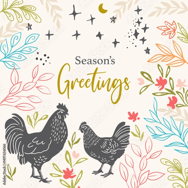Fototapeta Spring Chickens with Plants Vector Frame Background