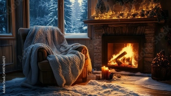 Obraz Cozy winter scene with a fireplace, armchair, blanket and snowy view.