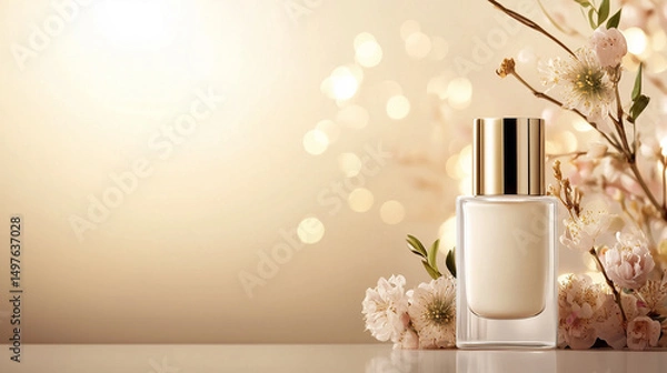 Fototapeta Elegant perfume bottle with floral accents and soft lighting