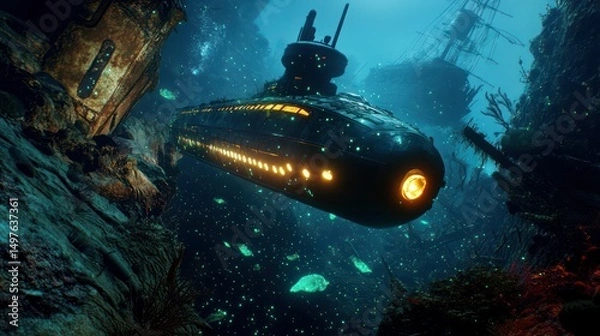 Obraz A submarine explores the depths of the ocean, by a sunken shipwreck.