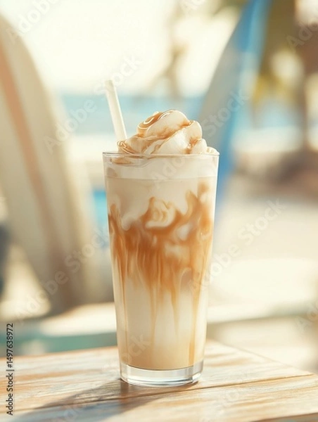Fototapeta Tall glass of iced coffee on a wooden table. the glass is filled with a creamy, light brown liquid and has a white straw sticking out of the top.