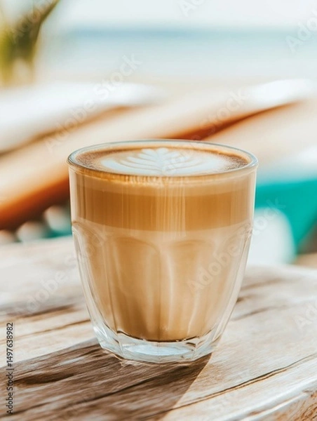 Fototapeta Close-up of a glass cup of coffee on a wooden table. the cup is transparent and has a handle on one side. the coffee is a light brown color and appears to be freshly brewed.