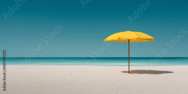 Obraz Solitary Yellow Beach Umbrella on Pristine Sandy Shore with Clear Blue Sky