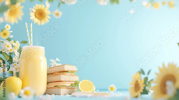 Fototapeta Refreshing summer picnic setup with sandwiches and lemonade