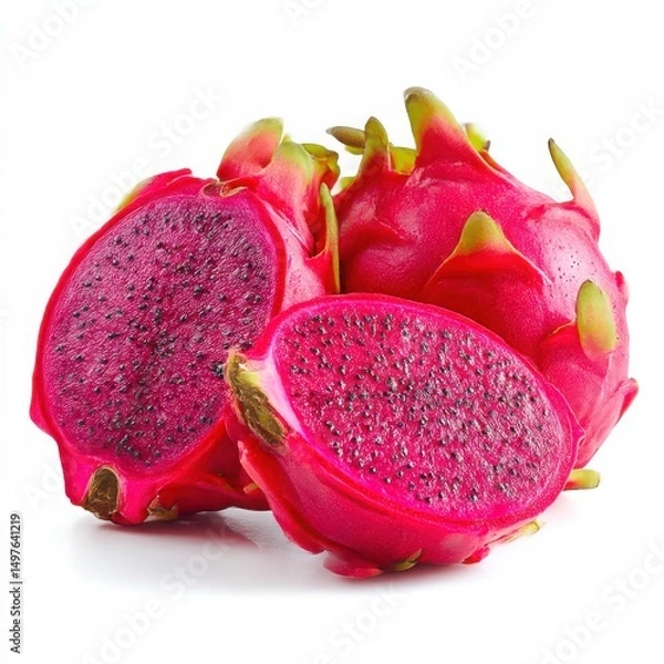 Fototapeta Close up of dragon fruit, whole and halved, vibrant color, isolated on white background