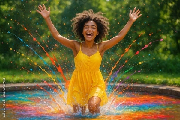 Fototapeta person jumping into lake with colorful paint splashes in waters