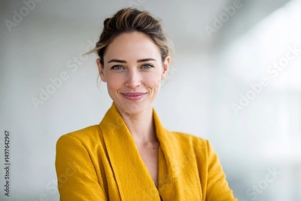 Obraz Confident businesswoman in yellow blazer smiling in modern office environment