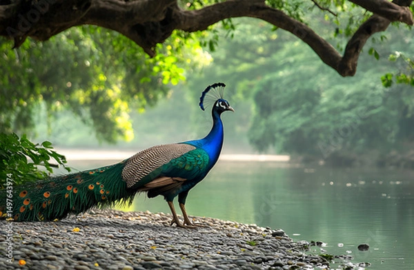 Obraz An Indian peacock stands on the banks of a calm river surrounded by greenery
