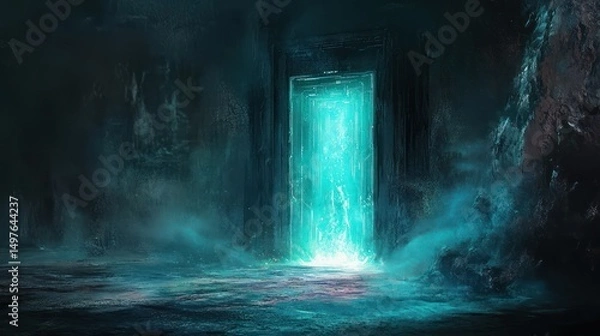 Obraz An ethereal glowing doorway opens in a dark cavern, a passage to another world.