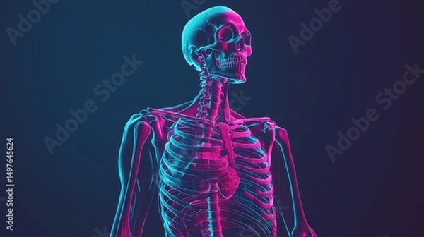 Fototapeta Anatomical Skeleton Model with Neon Effect on Dark Background