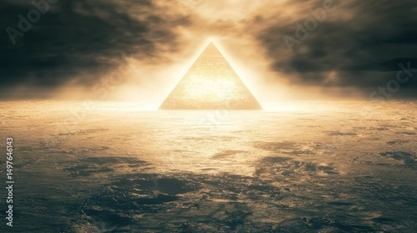 Obraz A glowing pyramid emerges mysteriously in a golden, surreal landscape.